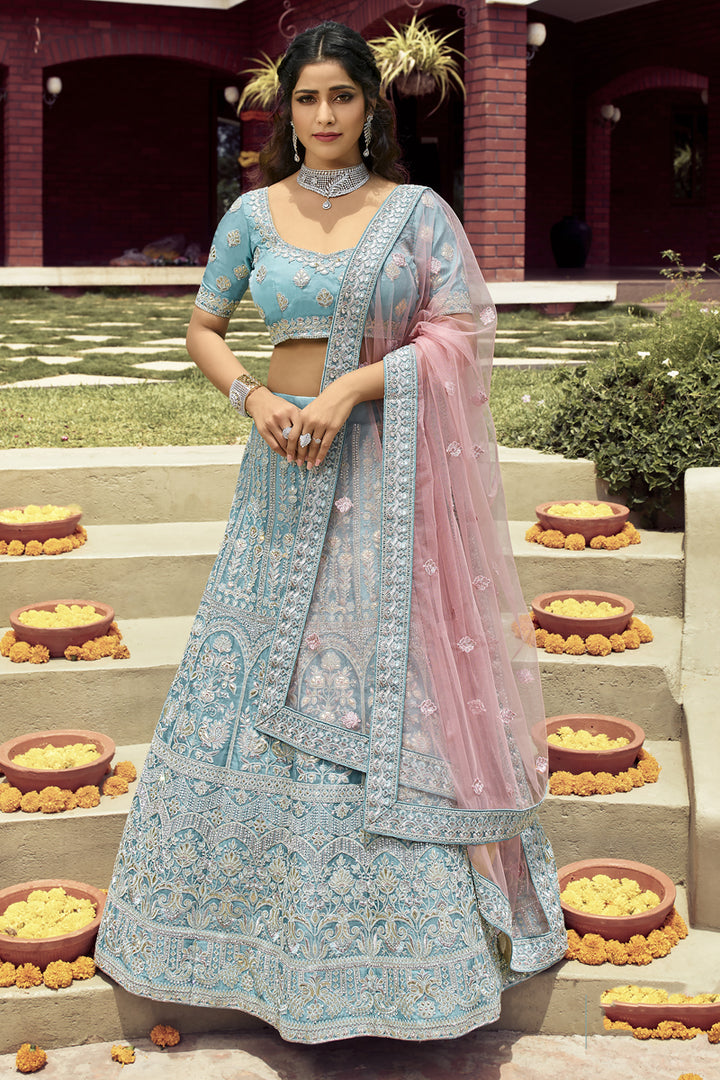 Wedding Wear Cyan Color Organza Fabric Embroidered Lehenga Choli