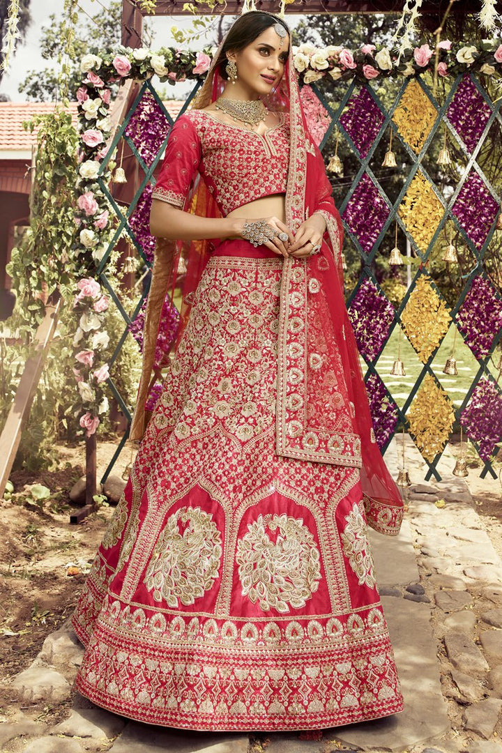Red Color Wedding Wear Art Silk Fabric Embroidered Lehenga Choli