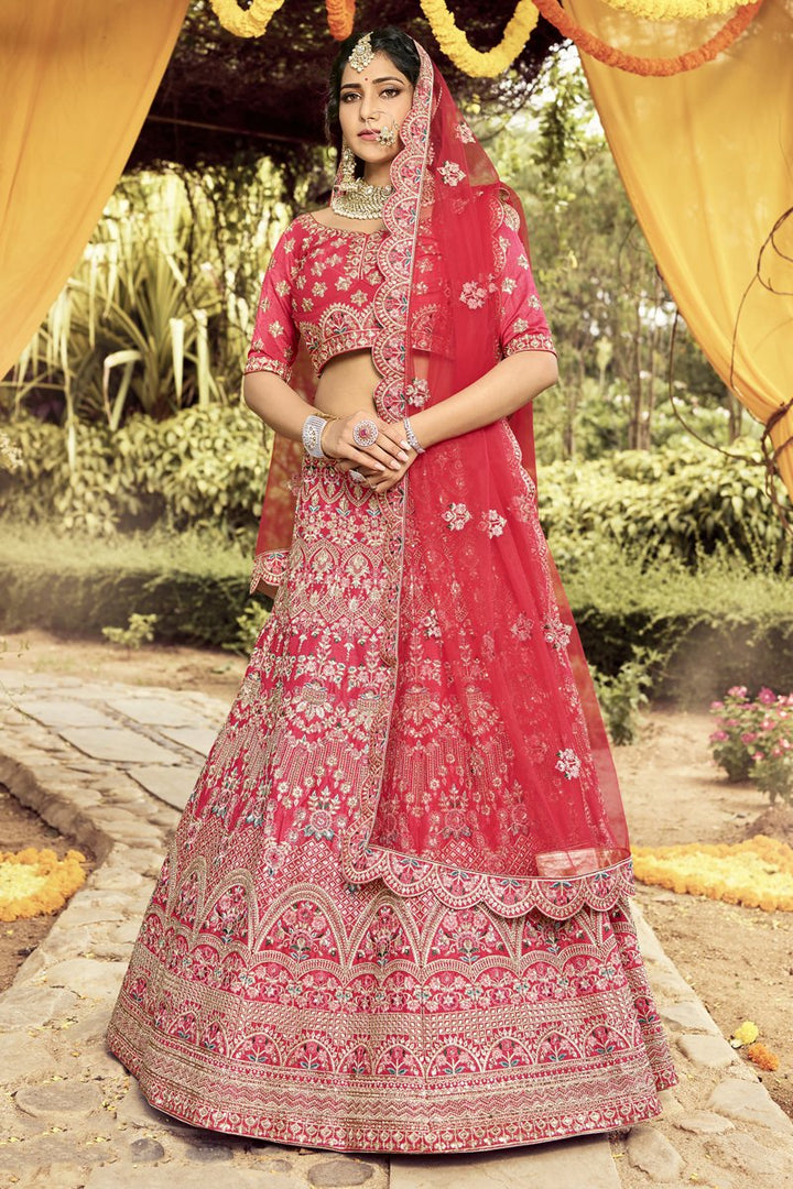 Art Silk Fabric Embroidered Wedding Wear Designer Lehenga Choli In Pink Color