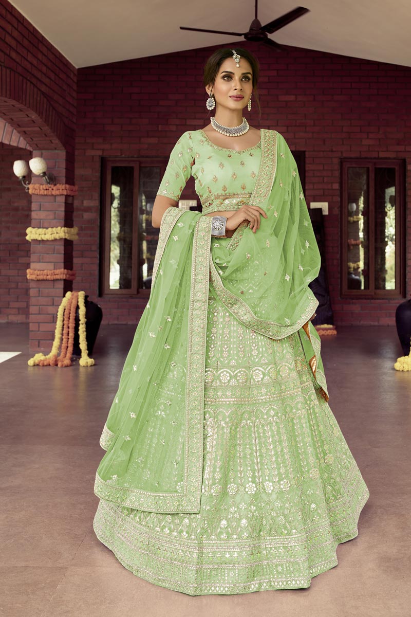 Attractive Art Silk Fabric Sea Green Color Wedding Wear Bridal Lehenga With Embroidered Work
