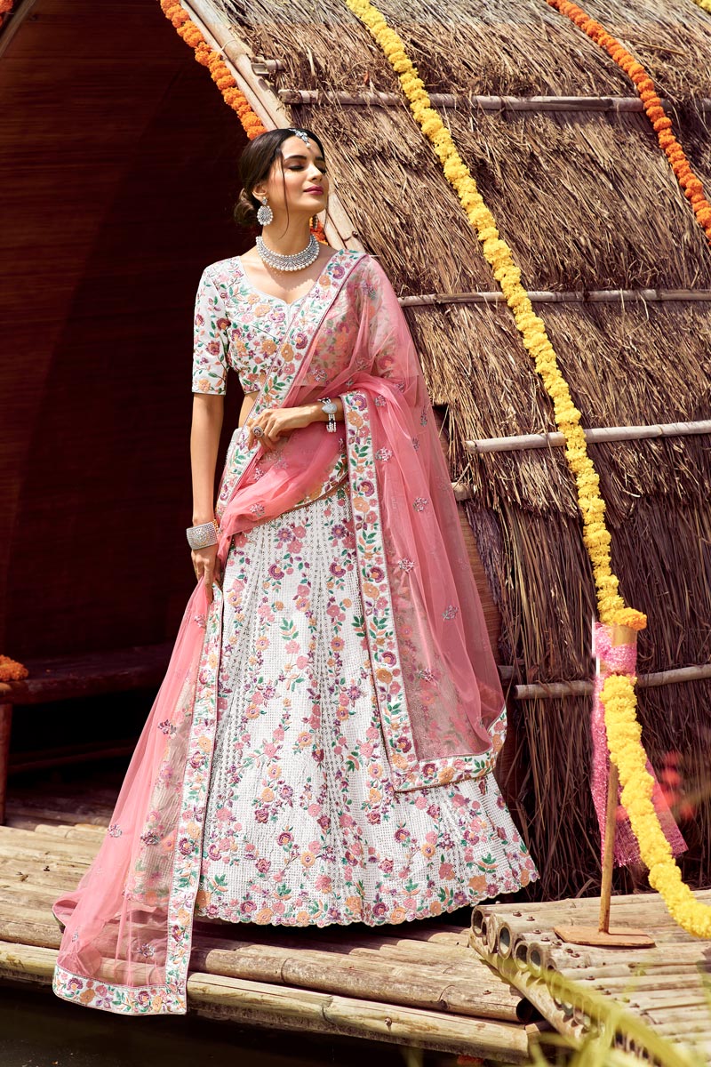Art Silk Fabric Off White Color Wedding Wear Embroidered Work Bridal Lehenga