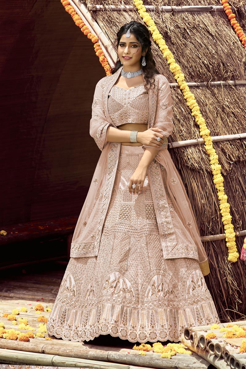 Classic Embroidered Work Peach Color Wedding Wear Bridal Lehenga In Art Silk Fabric