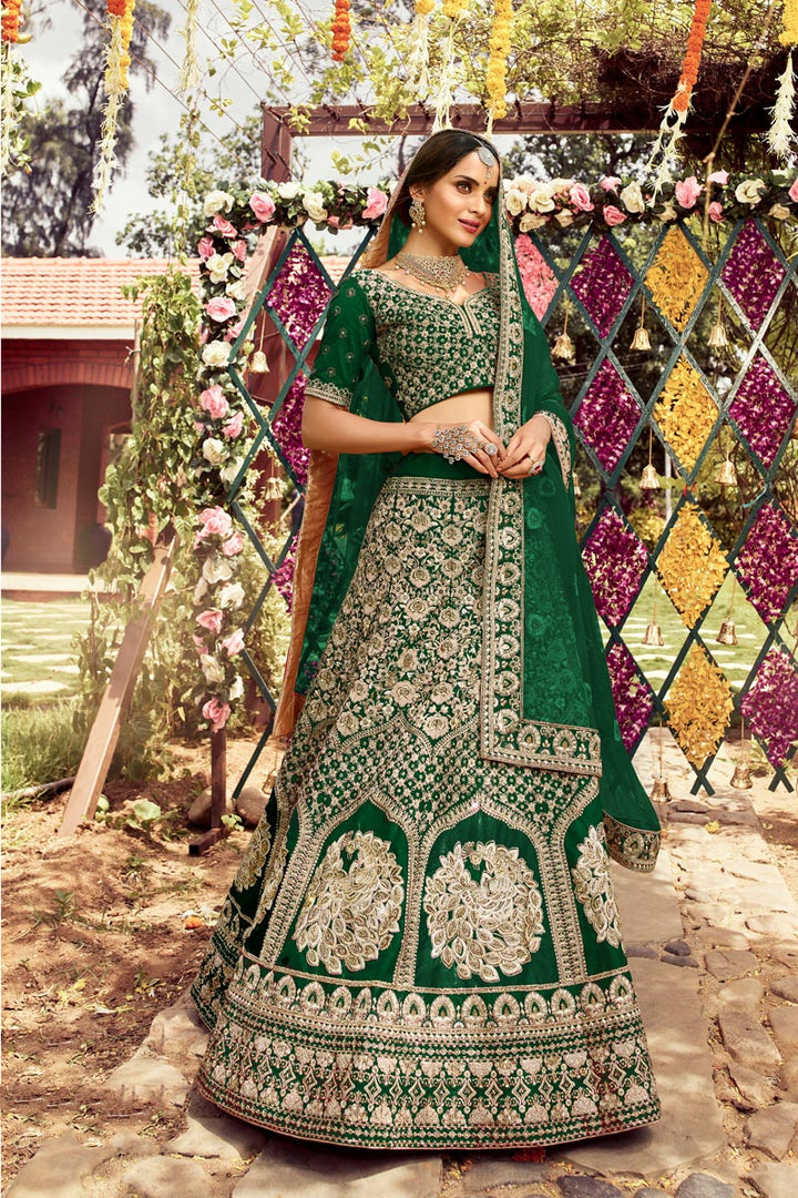 Embroidered Work On Dark Green Color Wedding Wear Classic Bridal Lehenga In Art Silk Fabric