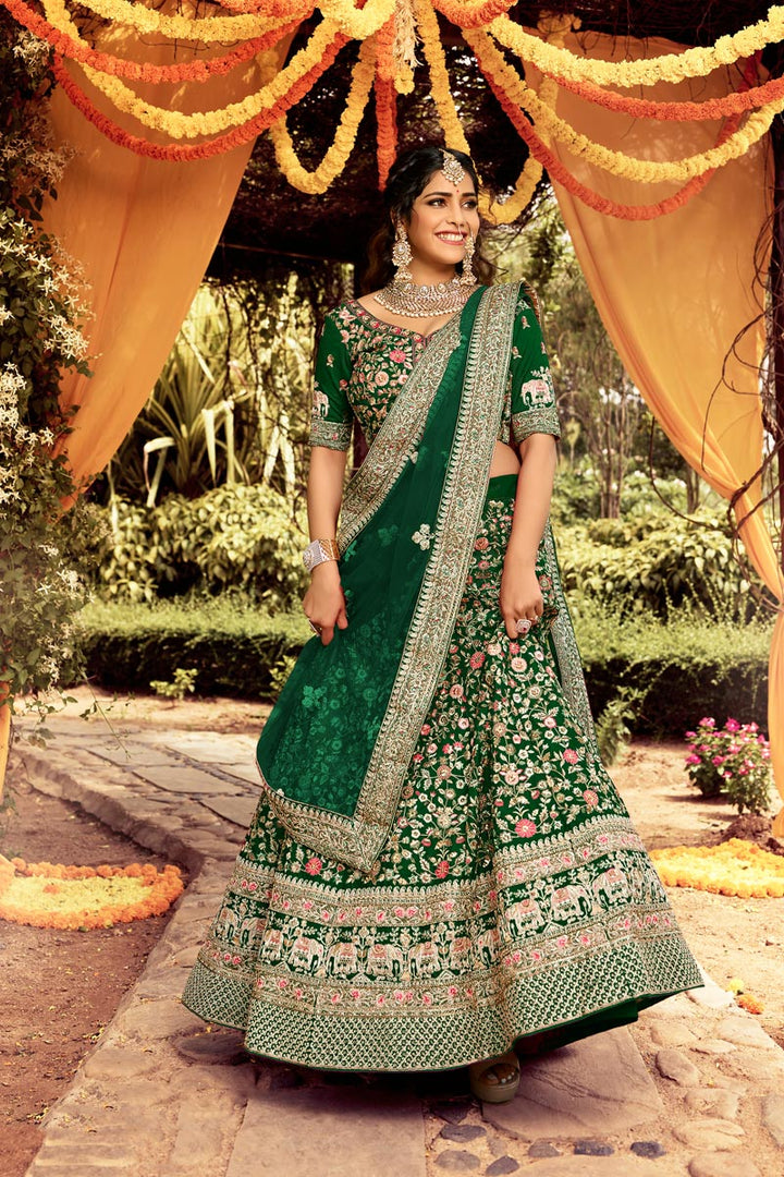 Embroidered Work Dark Green Color Wedding Wear Bridal Lehenga In Art Silk Fabric