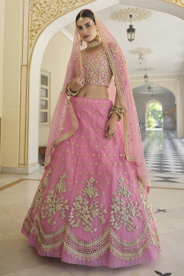 Net Fabric Embroidered Sangeet Wear Lehenga Choli In Pink Color