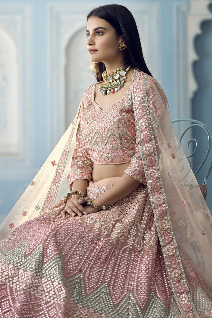 Organza Fabric Embroidered Reception Wear Designer Lehenga Choli In Pink Color