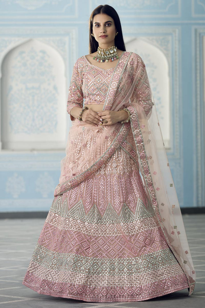 Organza Fabric Embroidered Reception Wear Designer Lehenga Choli In Pink Color
