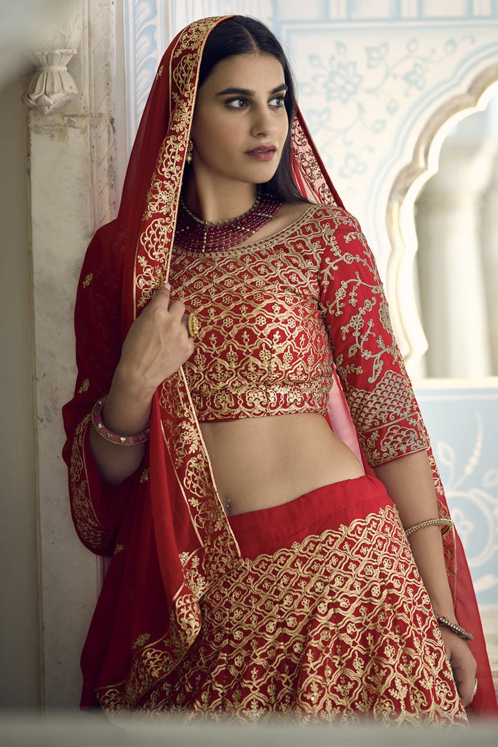 Designer Embroidered Sangeet Wear Lehenga Choli In Red Color Georgette Fabric