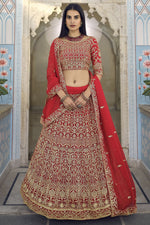 Load image into Gallery viewer, Designer Embroidered Sangeet Wear Lehenga Choli In Red Color Georgette Fabric
