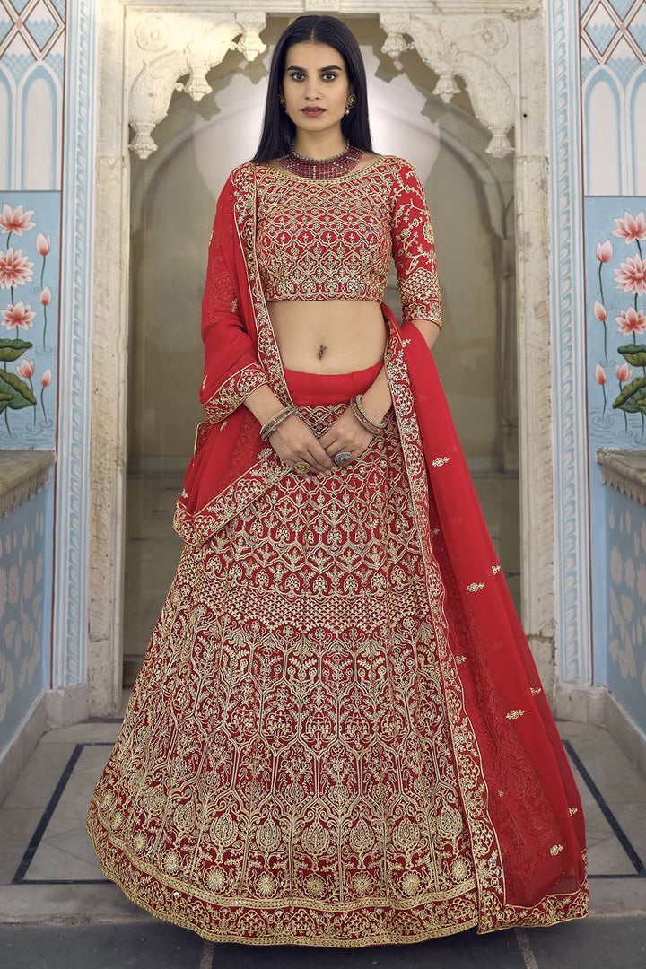 Designer Embroidered Sangeet Wear Lehenga Choli In Red Color Georgette Fabric