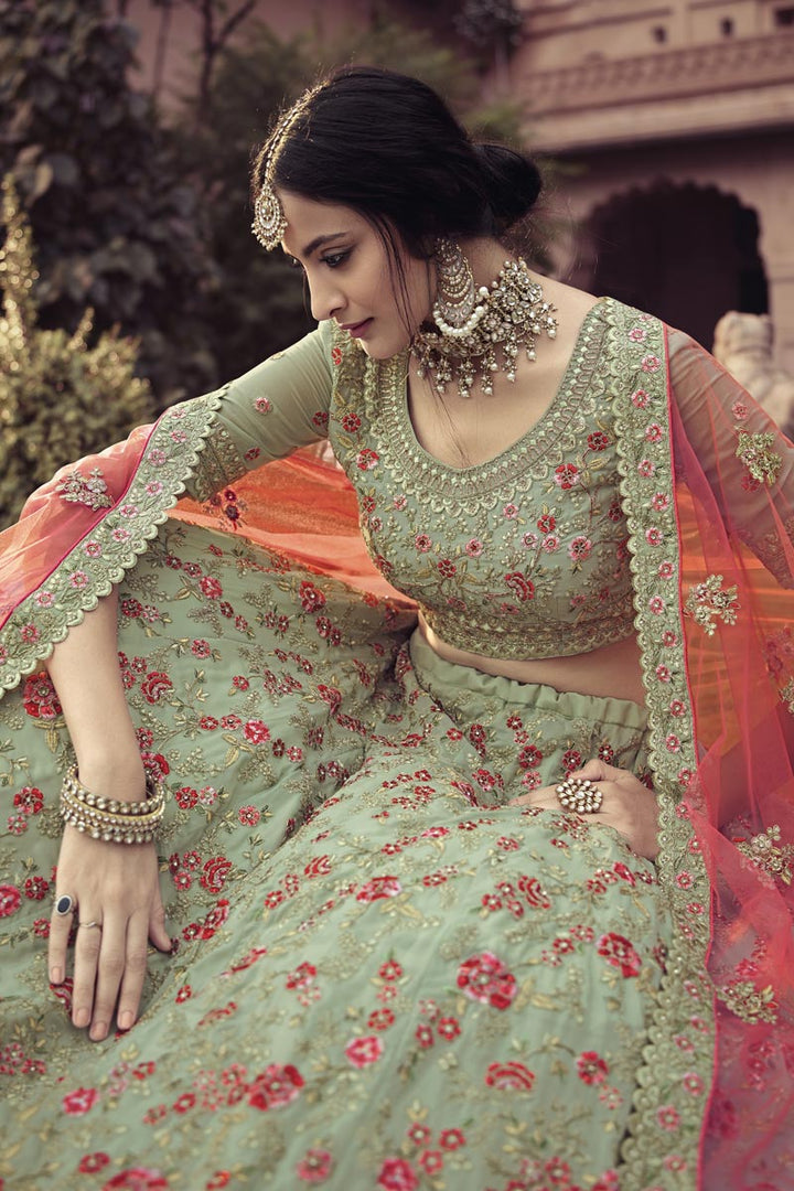 Georgette Fabric Sangeet Wear Sea Green Color Embroidery Work Lehenga Choli