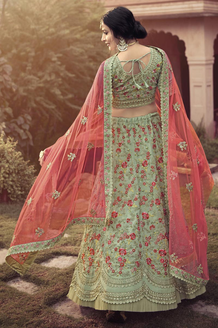 Georgette Fabric Sangeet Wear Sea Green Color Embroidery Work Lehenga Choli