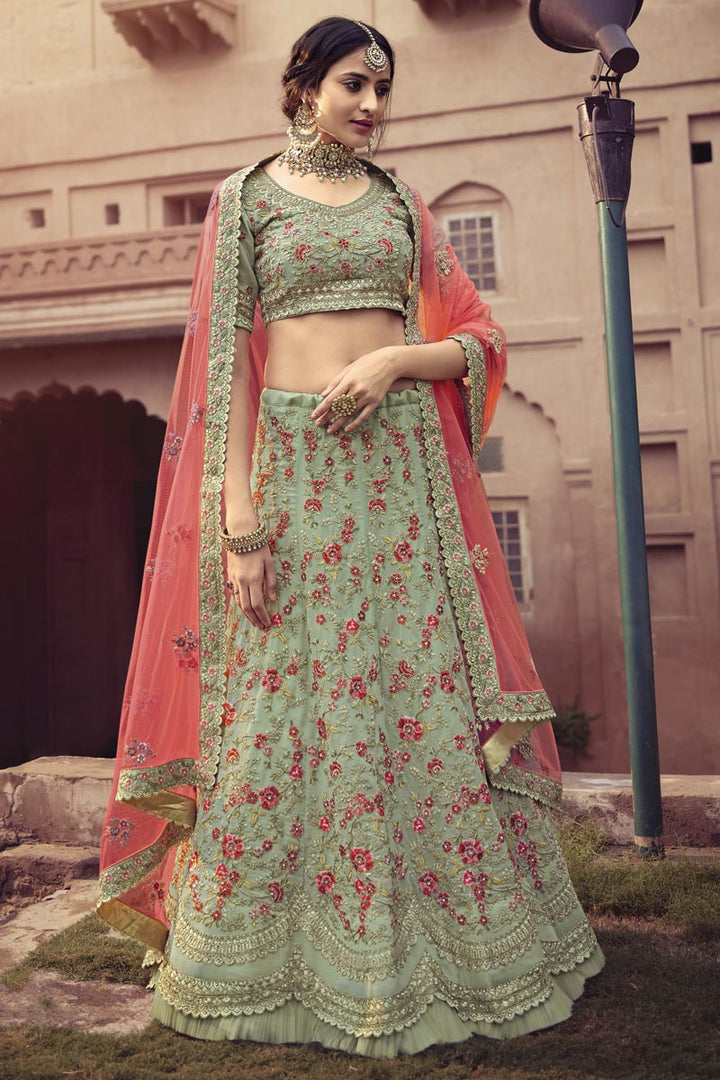Georgette Fabric Sangeet Wear Sea Green Color Embroidery Work Lehenga Choli