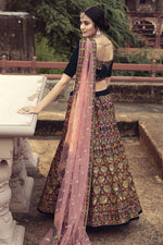 Load image into Gallery viewer, Velvet Fabric Sangeet Wear Navy Blue Color Embroidery Work Lehenga
