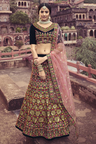 Velvet Fabric Sangeet Wear Navy Blue Color Embroidery Work Lehenga