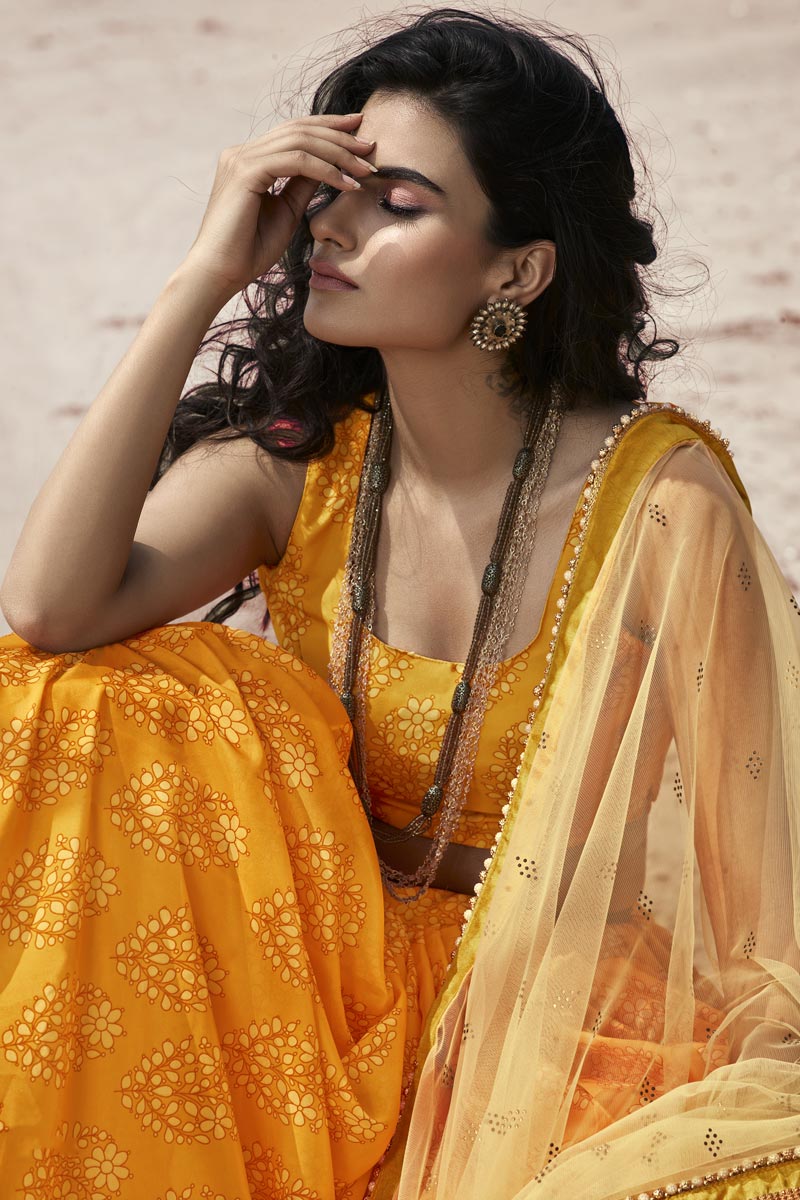 Yellow Color Sangeet Wear Organza Fabric Printed Lehenga Choli