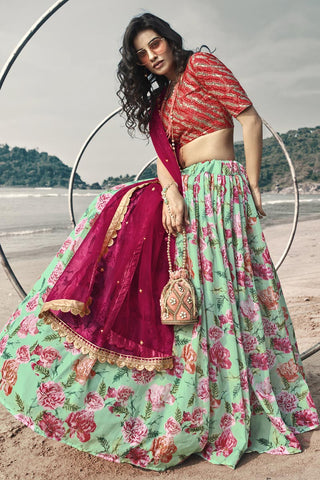 Sea Green Color Wedding Wear Fancy Organza Fabric Printed Lehenga Choli