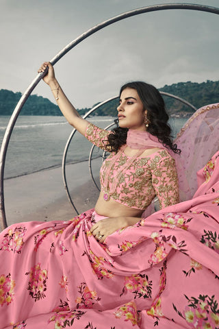 Reception Wear Fancy Organza Fabric Printed Pink Color Lehenga Choli