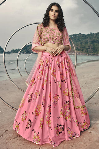 Reception Wear Fancy Organza Fabric Printed Pink Color Lehenga Choli