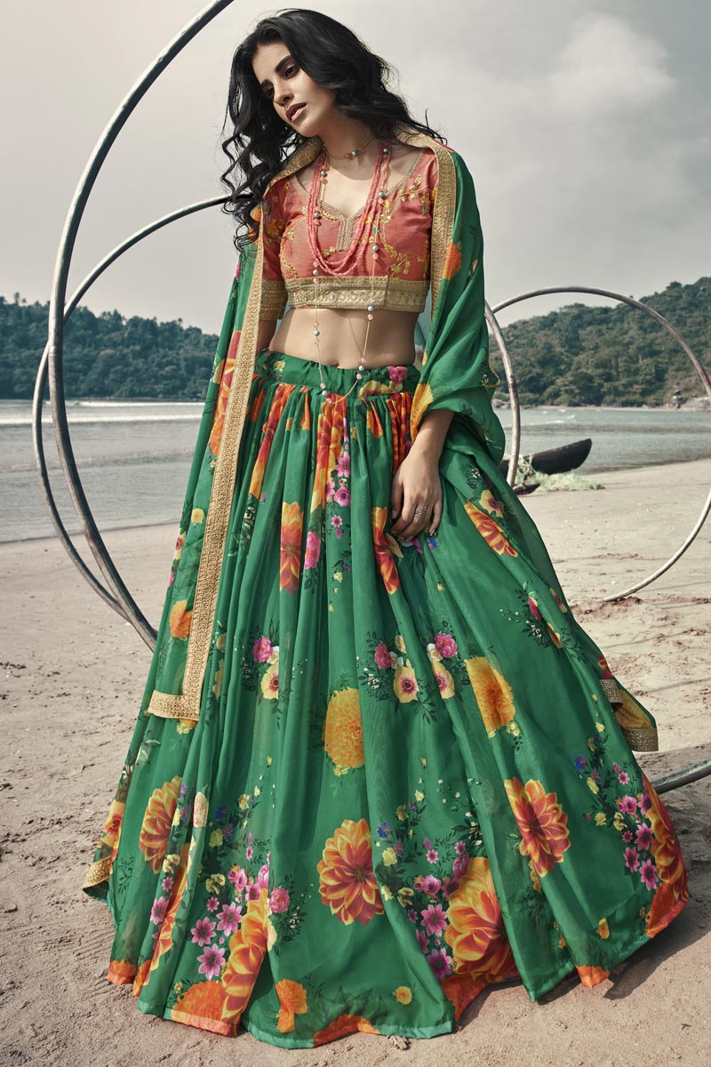 Fancy Organza Fabric Sangeet Wear Printed Green Color Lehenga Choli