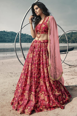 Fancy Organza Fabric Sangeet Wear Red Color Printed Lehenga Choli