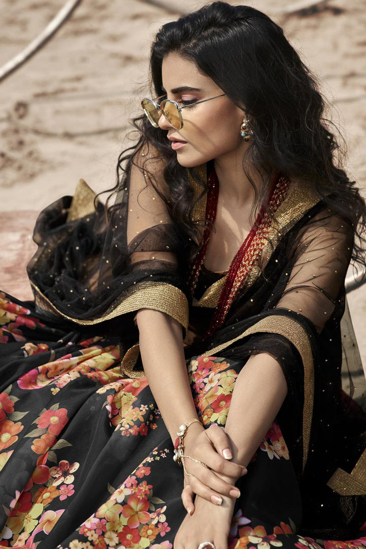 Organza Fabric Wedding Wear Fancy Black Color Printed Lehenga Choli