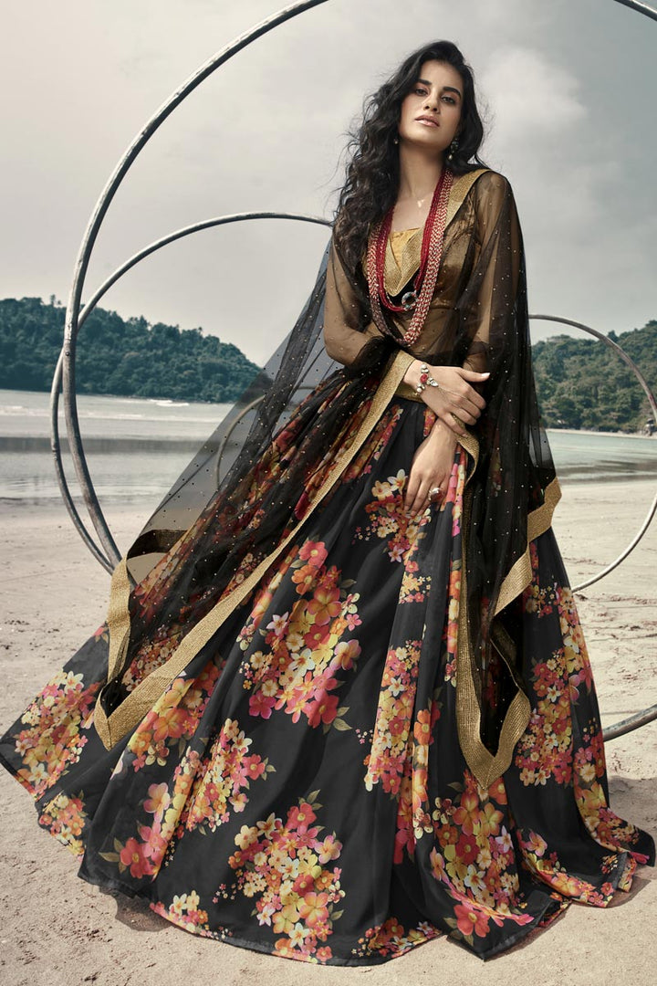 Organza Fabric Wedding Wear Fancy Black Color Printed Lehenga Choli
