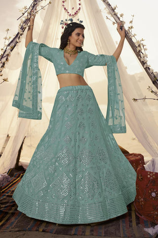 Embroidered Work On Organza Fabric Function Wear Riveting Lehenga In Cyan Color