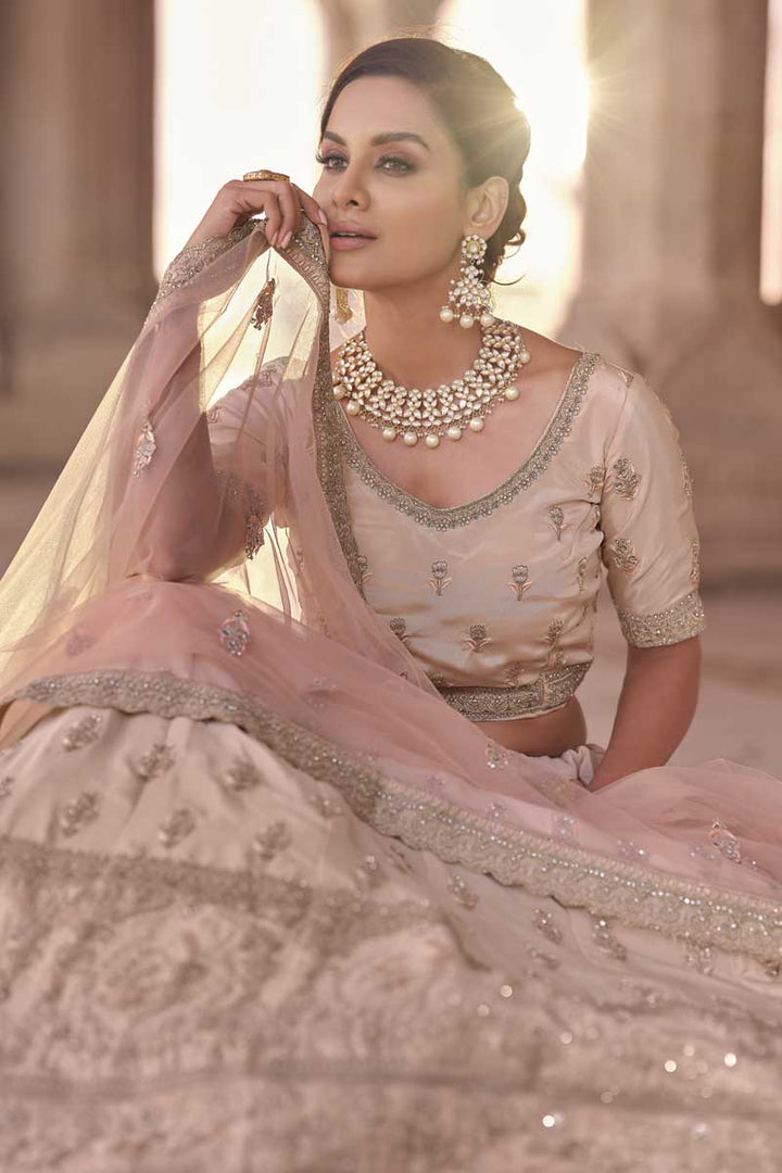 Charismatic Embroidered Work Peach Color Sangeet Wear Lehenga In Crepe Fabric