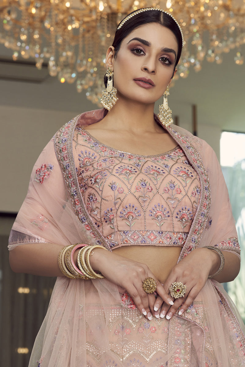Engaging Peach Color Organza Fabric Designer Lehenga With Embroidered Work