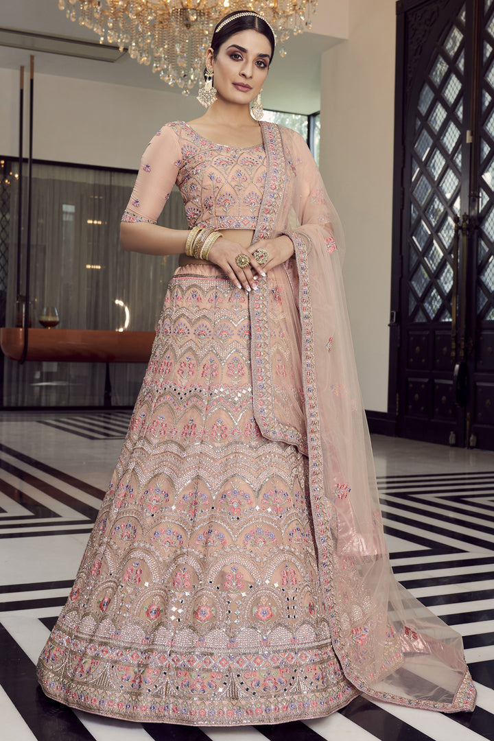 Engaging Peach Color Organza Fabric Designer Lehenga With Embroidered Work