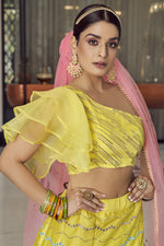 Load image into Gallery viewer, Embroidered Work On Yellow Color Sangeet Wear Lehenga In Art Silk Fabric
