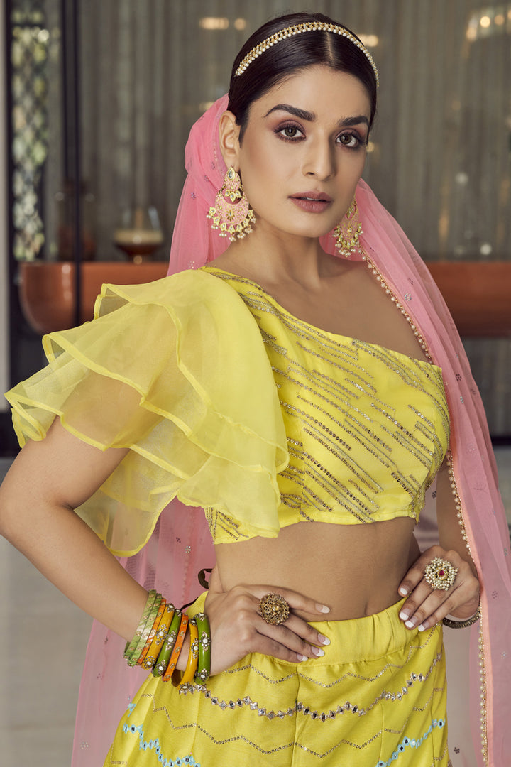 Embroidered Work On Yellow Color Sangeet Wear Lehenga In Art Silk Fabric