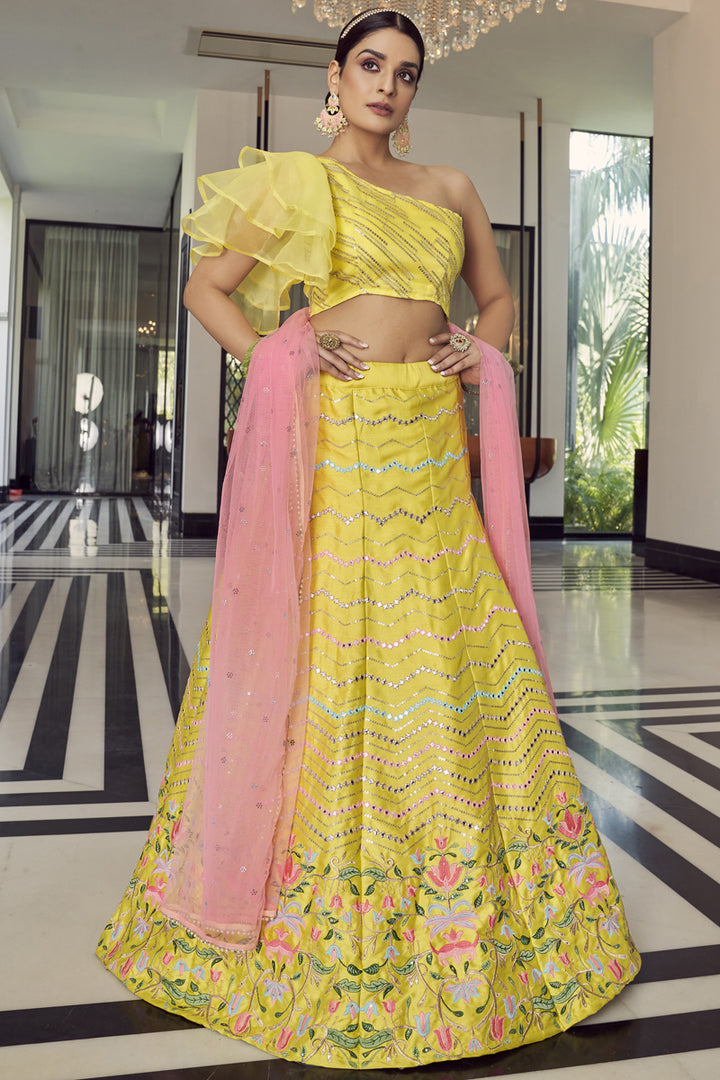 Embroidered Work On Yellow Color Sangeet Wear Lehenga In Art Silk Fabric