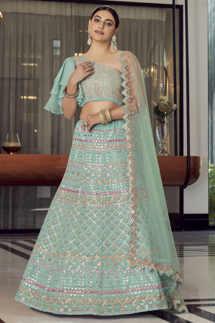 Organza Fabric Sea Green Color Sangeet Wear Lehenga With Embroidered Work