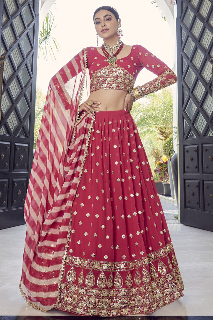 Creative Embroidered Work On Designer Lehenga In Red Color Georgette Fabric