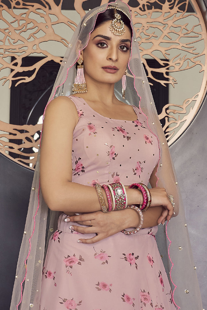Georgette Fabric Pink Color Sangeet Wear Lehenga With Fascinating Printed Work