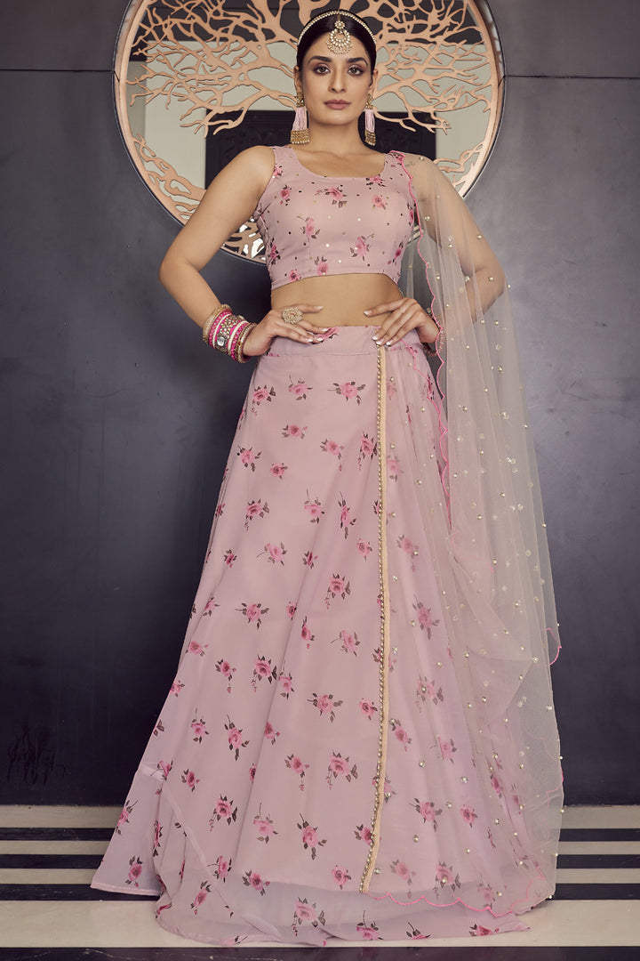 Georgette Fabric Pink Color Sangeet Wear Lehenga With Fascinating Printed Work
