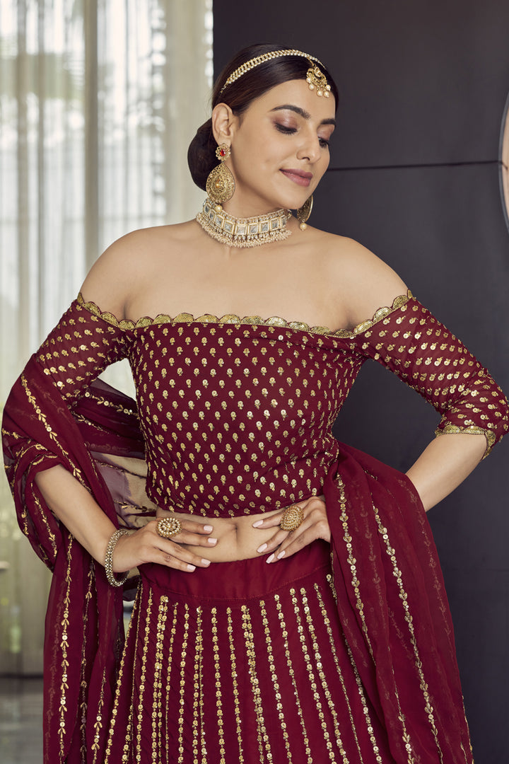 Maroon Color Embroidered Work On Georgette Fabric Sangeet Wear Stunning Lehenga