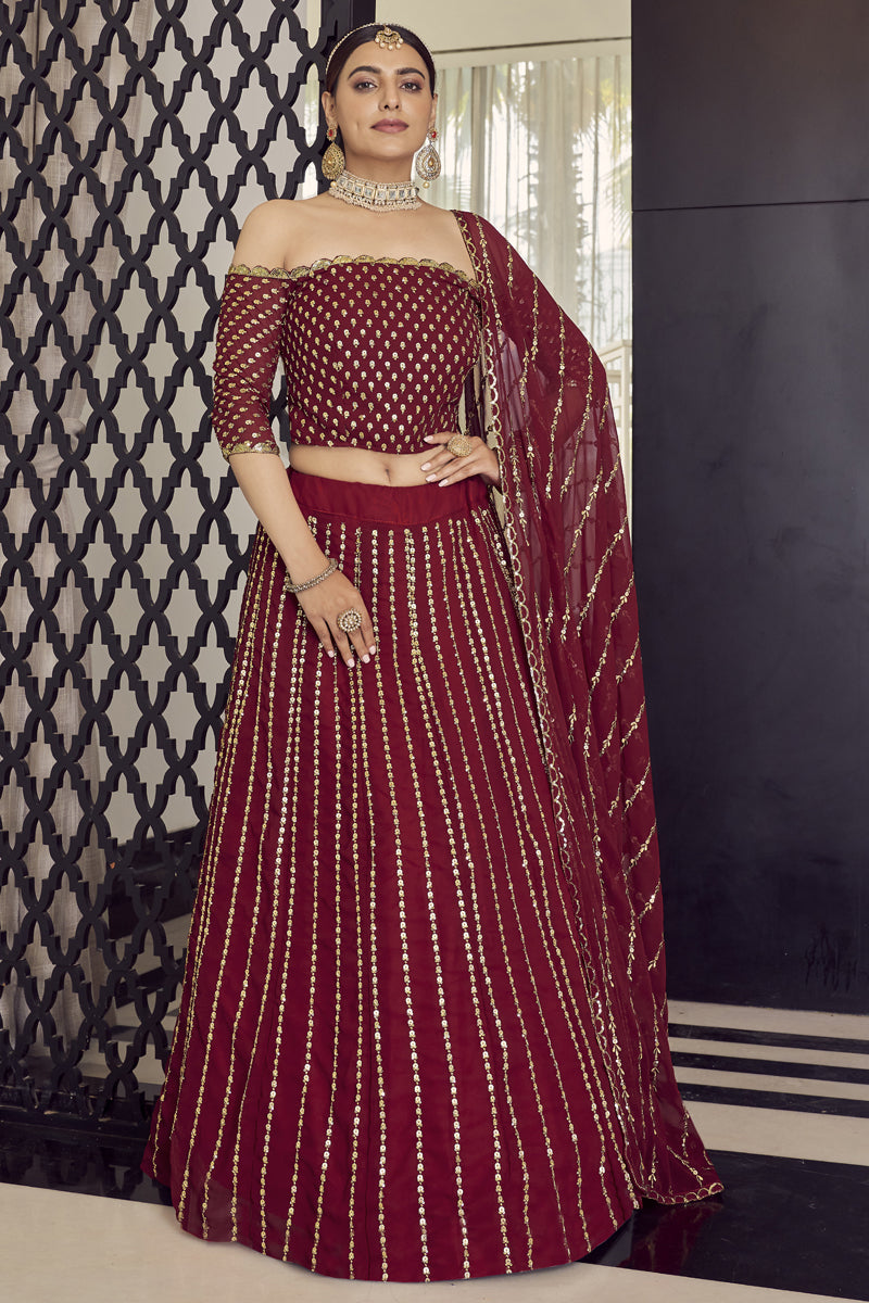 Maroon Color Embroidered Work On Georgette Fabric Sangeet Wear Stunning Lehenga