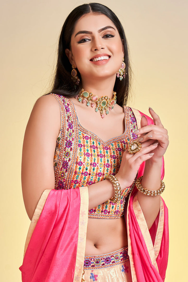 Incredible Chinon Fabric Peach Color Printed Readymade Lehenga Choli