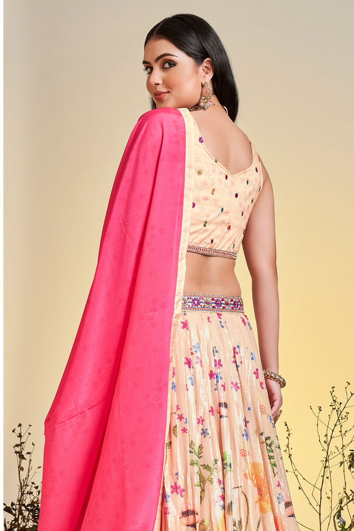 Incredible Chinon Fabric Peach Color Printed Readymade Lehenga Choli