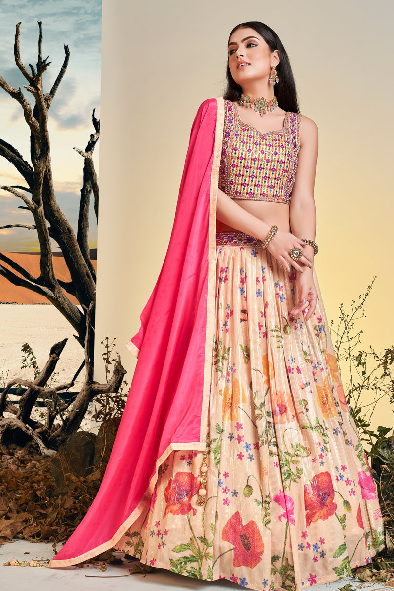 Incredible Chinon Fabric Peach Color Printed Readymade Lehenga Choli