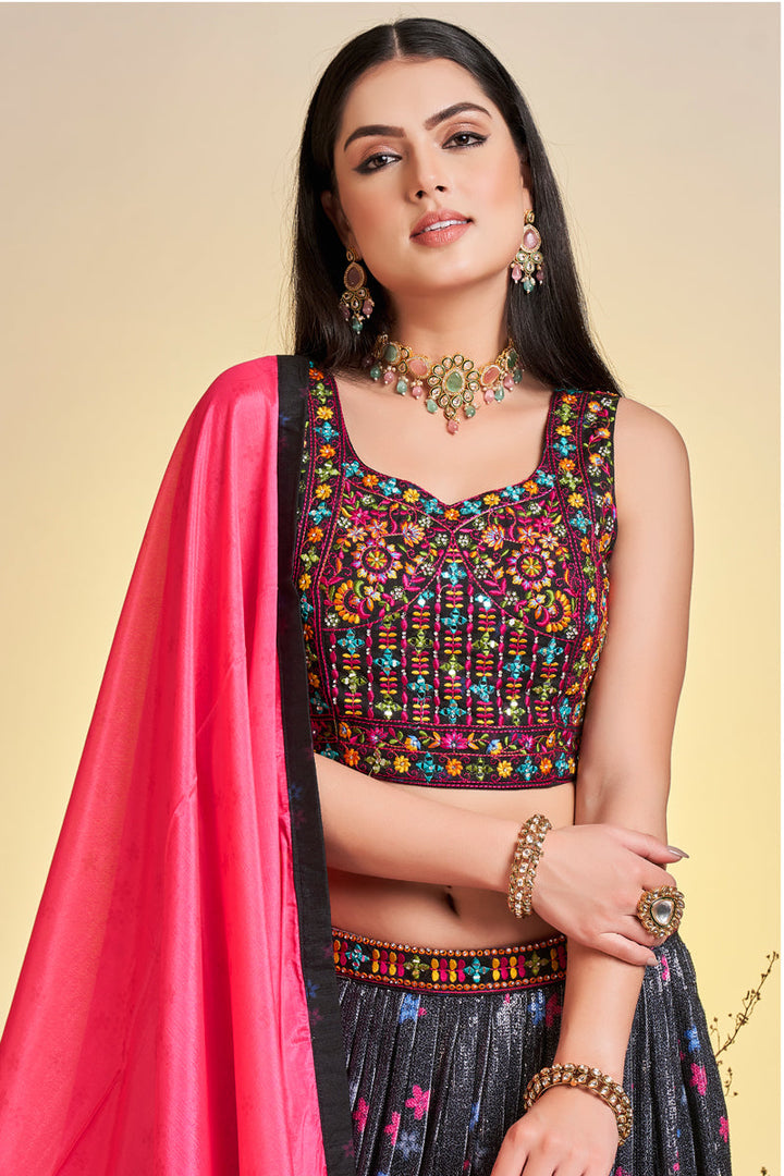 Tempting Chinon Fabric Black Color Printed Readymade Lehenga Choli