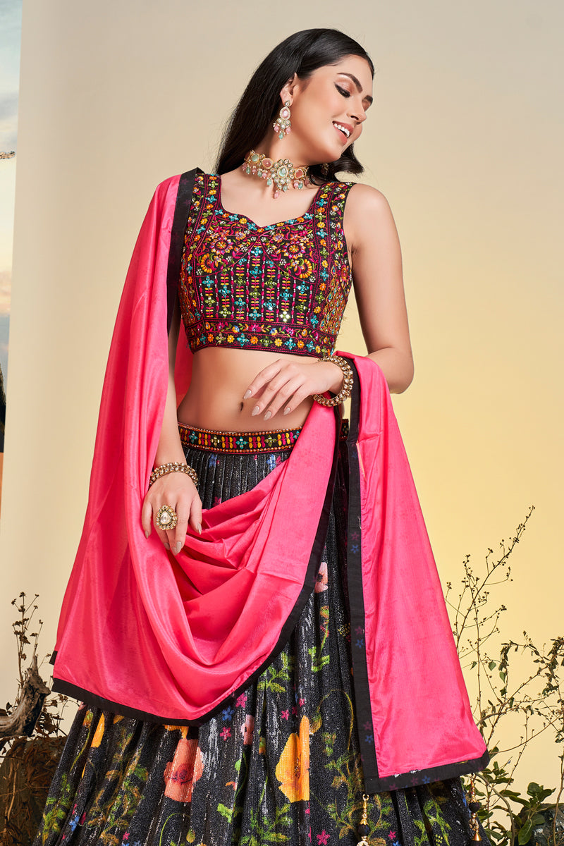 Tempting Chinon Fabric Black Color Printed Readymade Lehenga Choli