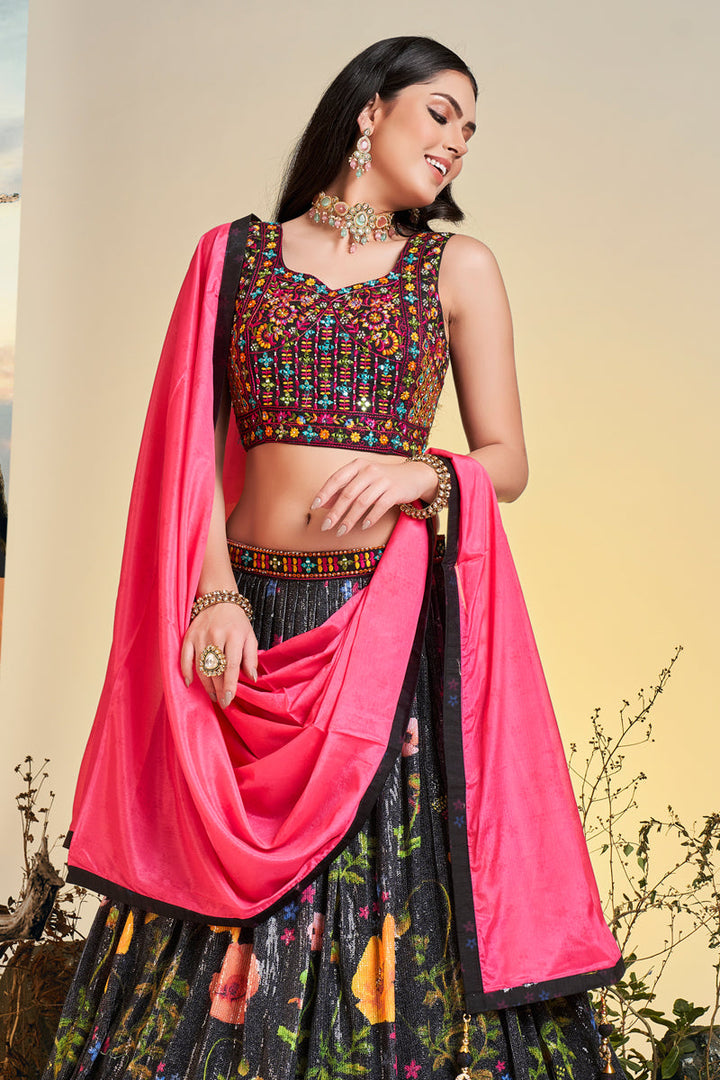 Tempting Chinon Fabric Black Color Printed Readymade Lehenga Choli