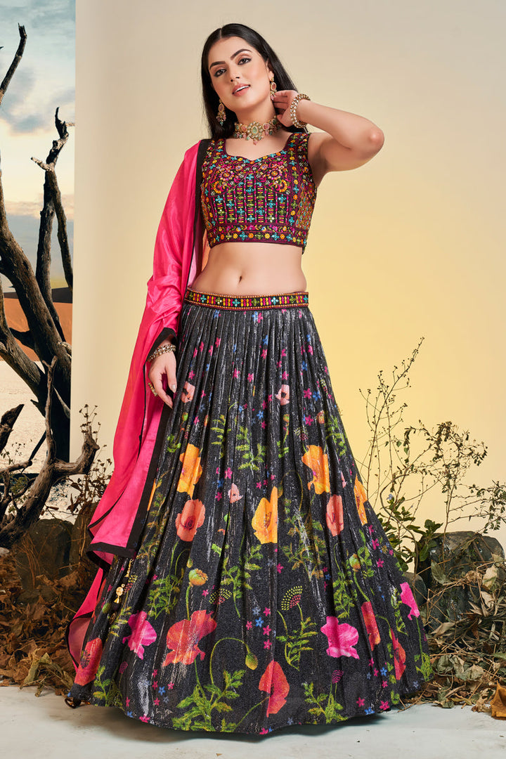 Tempting Chinon Fabric Black Color Printed Readymade Lehenga Choli