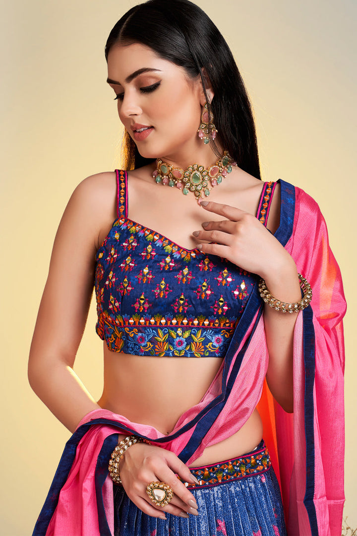 Engaging Navy Blue Color Chinon Fabric Printed Readymade Lehenga Choli