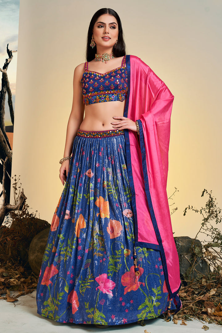 Engaging Navy Blue Color Chinon Fabric Printed Readymade Lehenga Choli