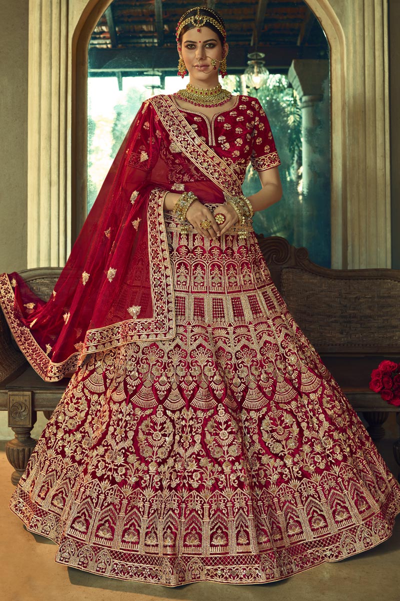 Velvet Fabric Maroon Color Embroidered Wedding Wear Designer Lehenga Choli
